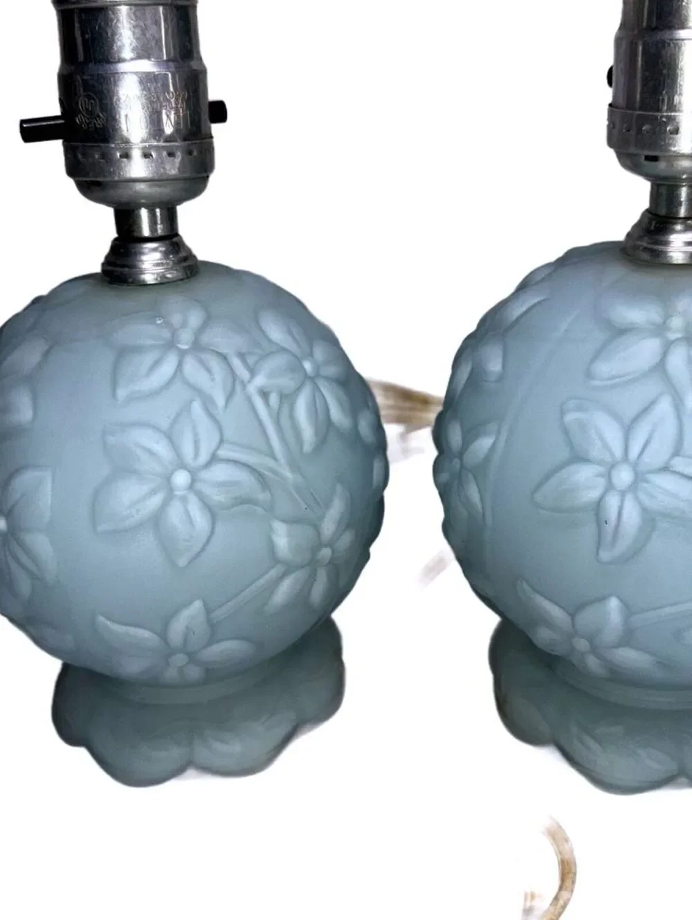 2 Vintage Satin Blue Glass Floral Globe Table Lamp Frosted Cottage Shabby Chic
